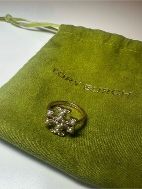 Tory Burch Gold Logo Pearl Ring